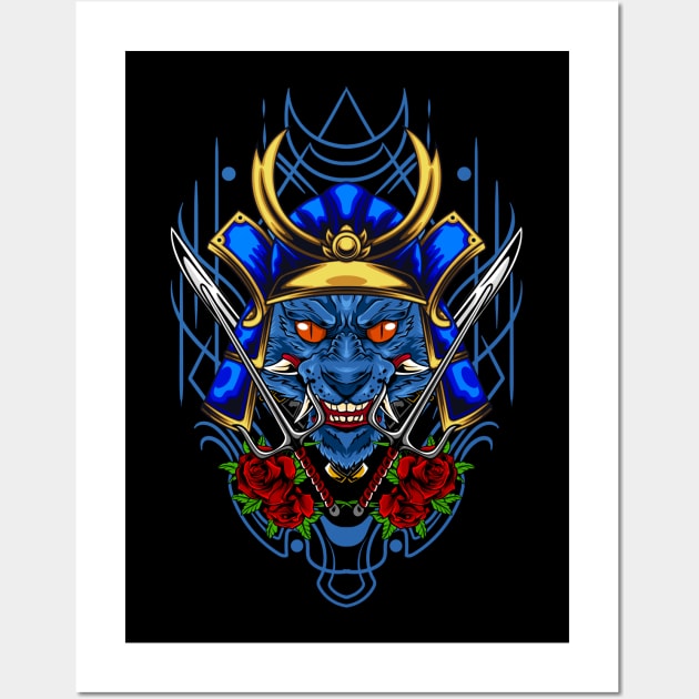 Samurai Cat - Blue Kabuto Wall Art by Harrisaputra